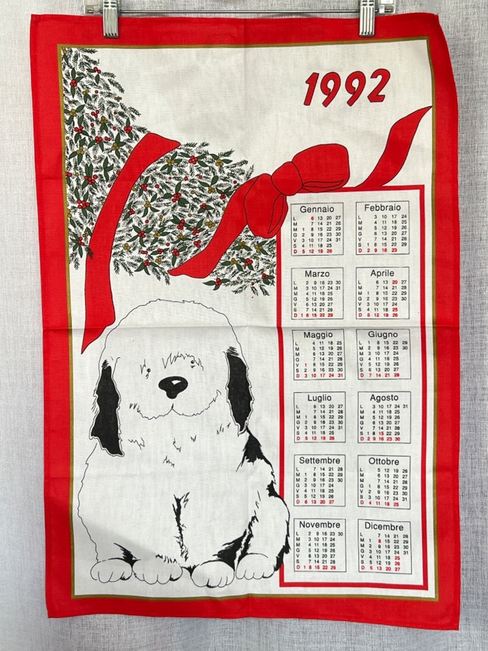90s Christmas Tea Towel Martinetta Sheepdog Dog 100% Cotton Red & White